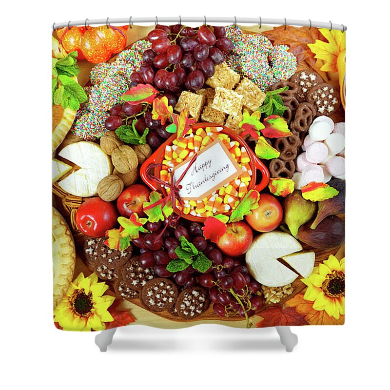 Thanksgiving Shower Curtain featuring the photograph Thanksgiving cheese and dessert grazing platter charcuterie board. by Milleflore Images