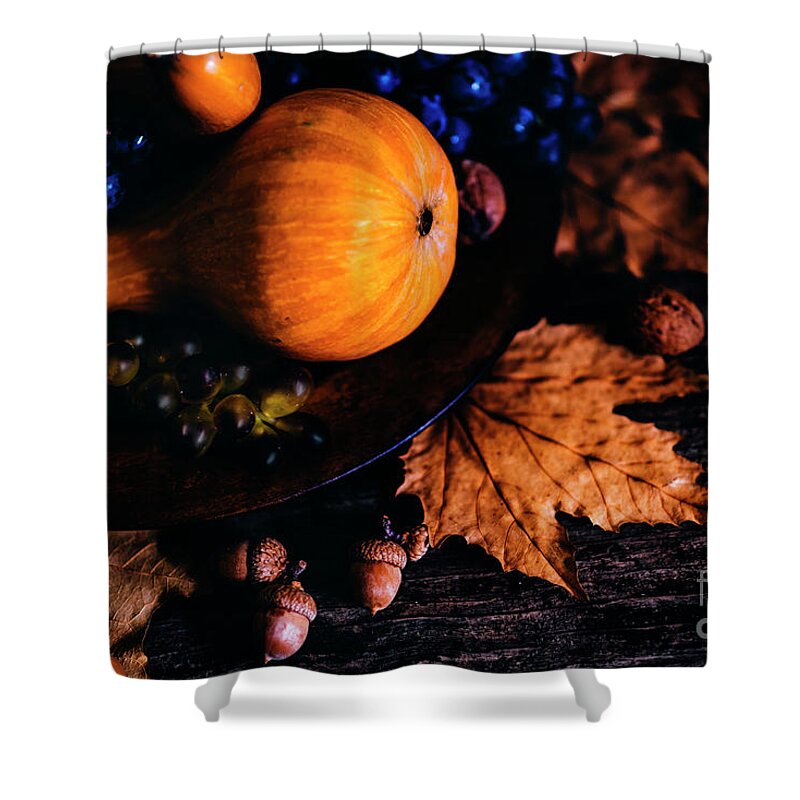 Thanksgiving Shower Curtain featuring the photograph Thanksgiving composition with autumn leaves and pumpkin by Jelena Jovanovic