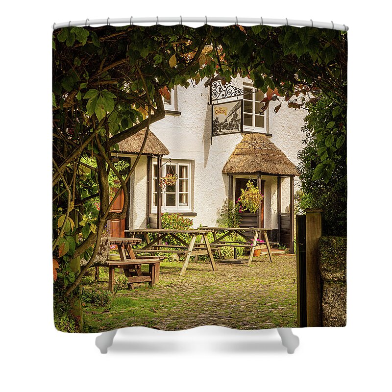 England Shower Curtain featuring the photograph Thatched pub garden in Lustleigh in Devon by Steven Heap