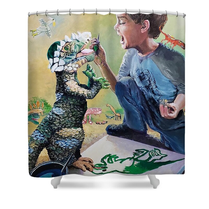 Boy Shower Curtain featuring the painting The Age of Dinosaurs by Merana Cadorette