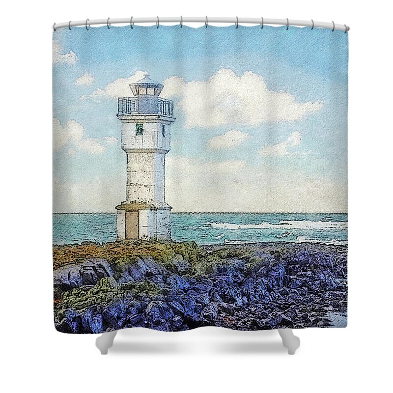 Iceland Shower Curtain featuring the digital art The Akranes Ligthhouse, Iceland by Frans Blok