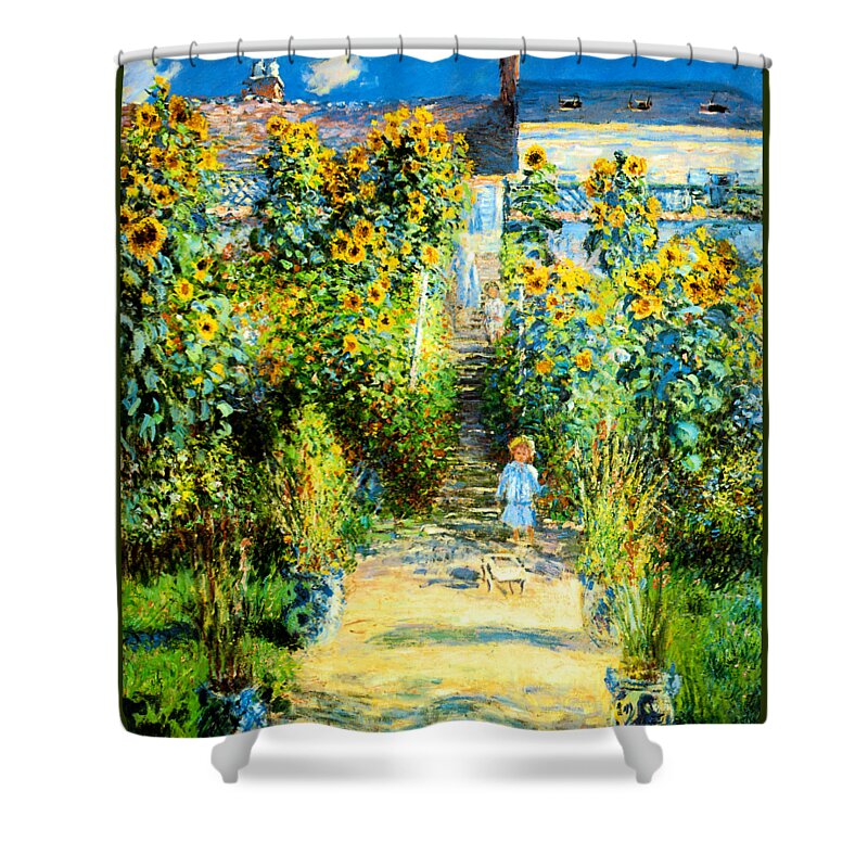 Claude Monet Shower Curtain featuring the painting The Artists Garden at Vetheuil 1880 by Claude Monet