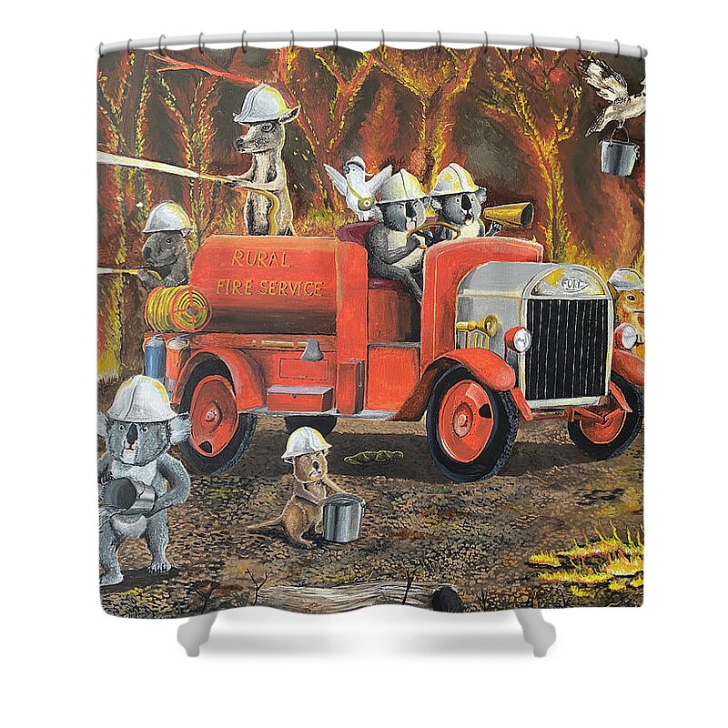 The Aussie Fire Truck Shower Curtain featuring the painting The Aussie Fire Truck by Winton Bochanowicz