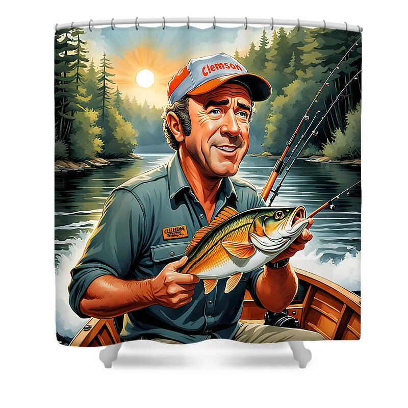 Fishing Shower Curtain featuring the digital art The Bass Fisherman by Greg Joens