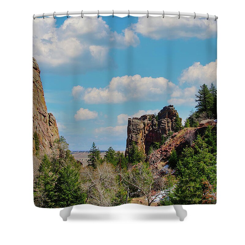 Rock Climber Shower Curtain featuring the photograph Eldorado Canyon State Park,The Bastille by Tom Potter