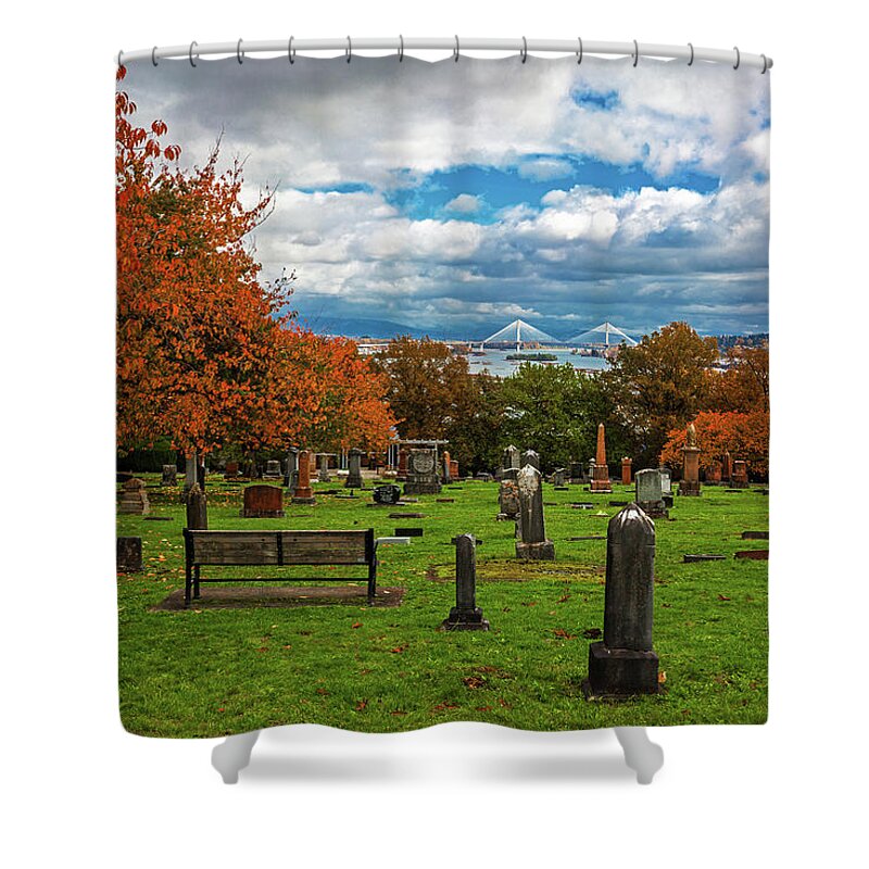 Alex Lyubar Shower Curtain featuring the photograph The bench in the Fraser Cemetery by Alex Lyubar