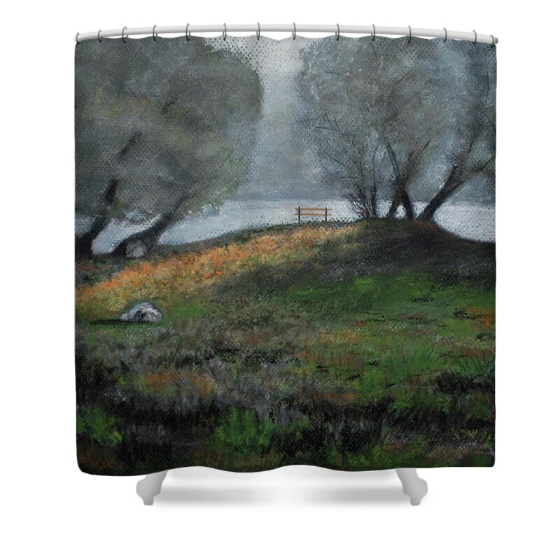 Foggy Day Shower Curtain featuring the pastel The Bench by Sandra Lee Scott
