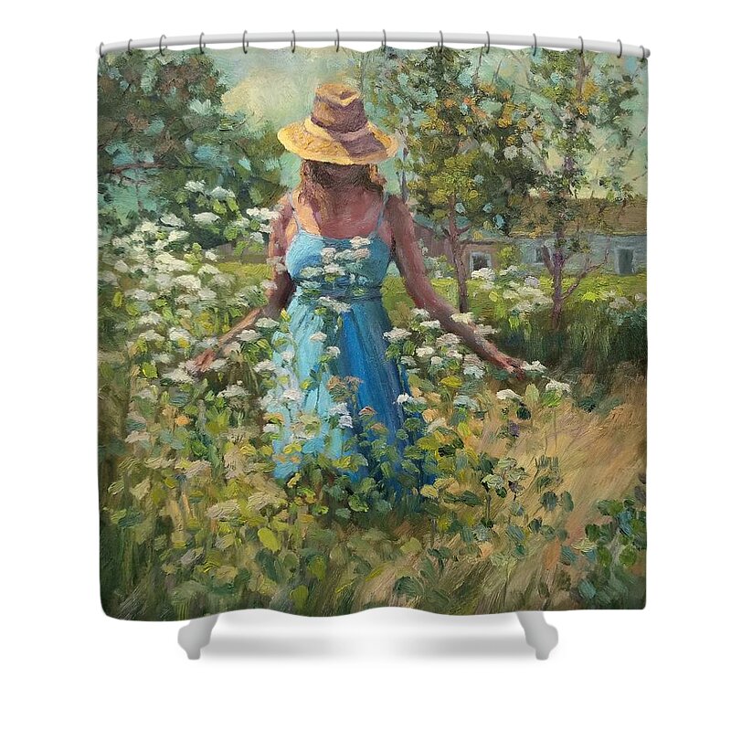 Plein Air Shower Curtain featuring the painting The blue dress by Jeff Dickson