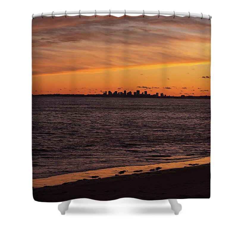 Swampscott Shower Curtain featuring the photograph The Boston Skyline from Fisherman's Beach Swampscott MA Sunset by Toby McGuire