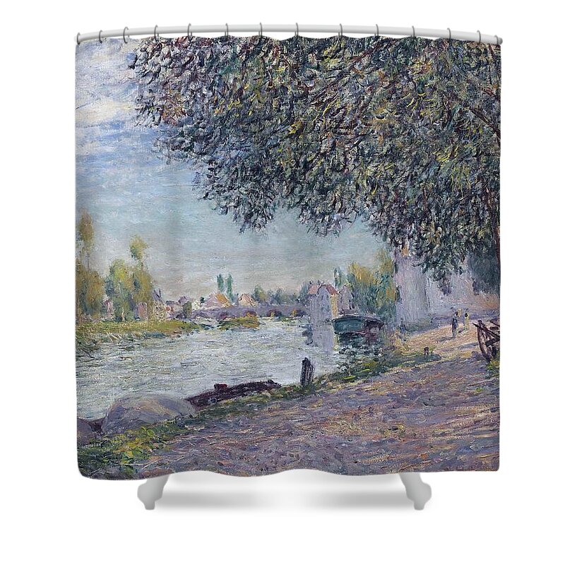 Vintage Shower Curtain featuring the painting The Bridge of Moret, Evening, 1884 by Alfred Sisley by MotionAge Designs