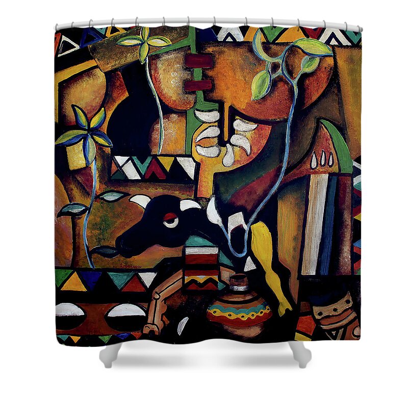African Art Shower Curtain featuring the painting The Bull of Peace by Speelman Mahlangu