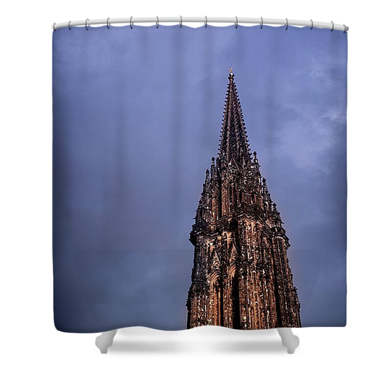 Church Shower Curtain featuring the photograph The burned spire of St. Nicholas church in Hamburg by Mendelex Photography