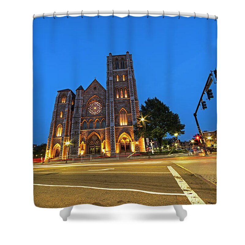 Boston Shower Curtain featuring the photograph The Cathedral of the Holy Cross in the South End Boston MA Washington St by Toby McGuire