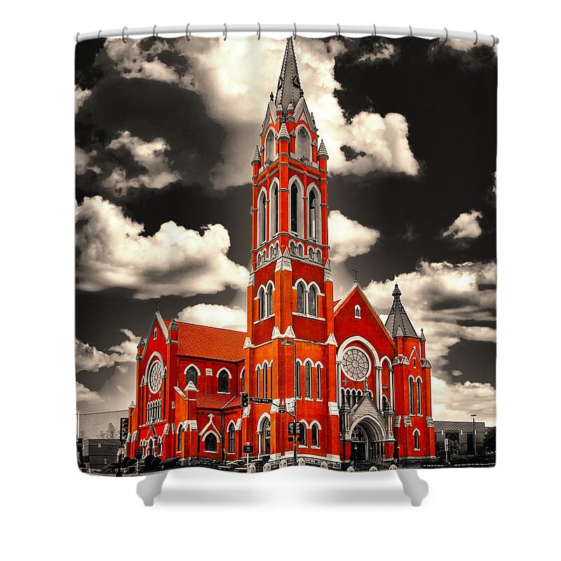 Cathedral Shrine Of The Virgin Of Guadalupe Shower Curtain featuring the digital art The Cathedral Shrine of the Virgin of Guadalupe in Dallas, Texas, isolated on black and white by Nicko Prints