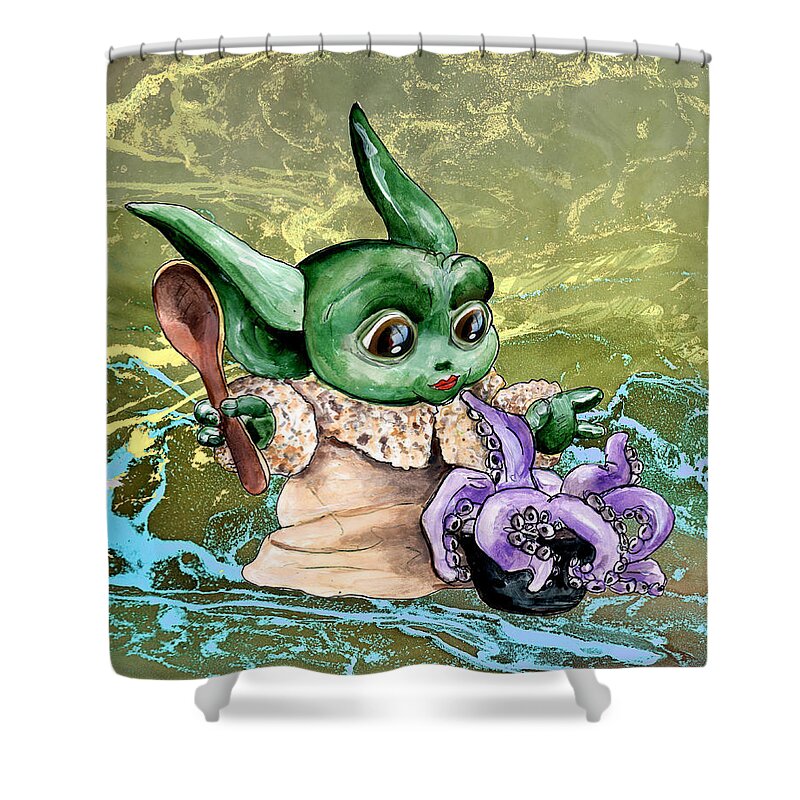 Watercolour Shower Curtain featuring the painting The Child Yoda 05 by Miki De Goodaboom