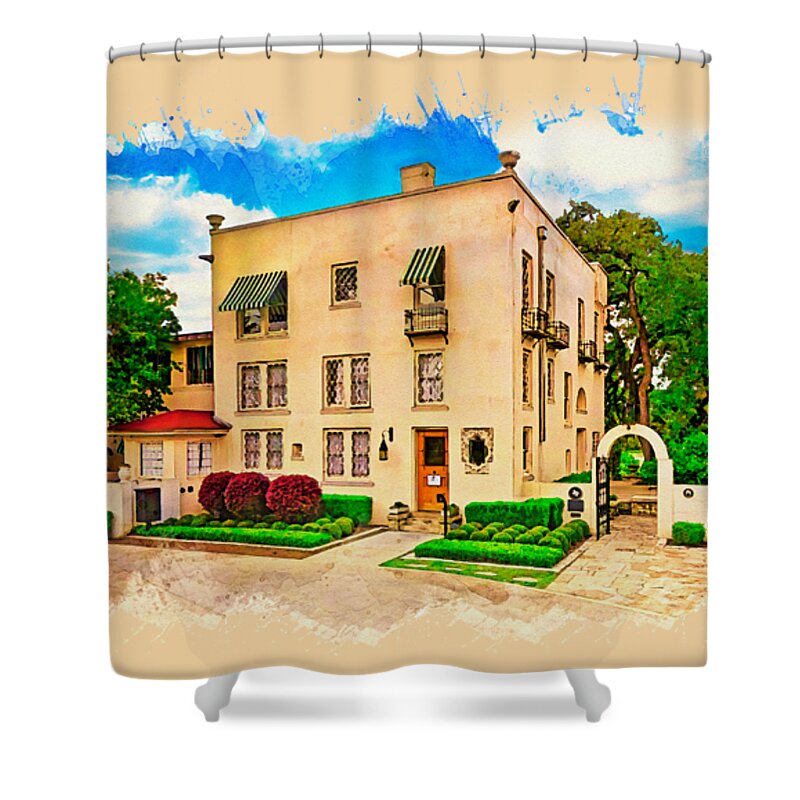 Contemporary Austin Shower Curtain featuring the digital art The Contemporary Austin - Laguna Gloria - watercolor painting by Nicko Prints