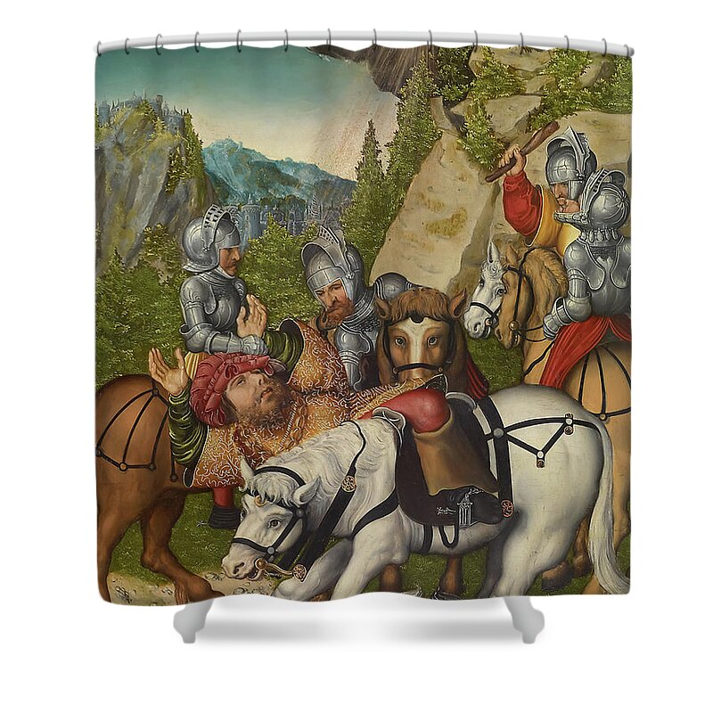 Lucas Cranach The Younger Shower Curtain featuring the painting The Conversion of St Paul by Lucas Cranach the Younger