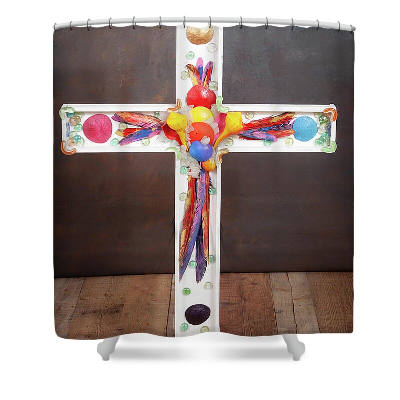 The Cross I Bear Shower Curtain featuring the mixed media The Cross I Bear by Laurette Escobar
