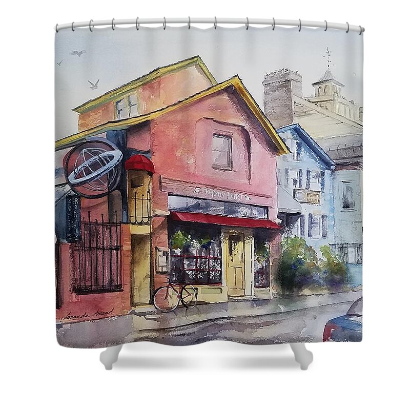 Burlington Shower Curtain featuring the painting The Daily Planet by Amanda Amend
