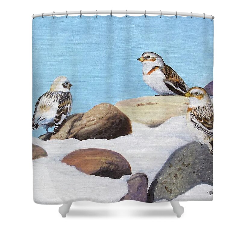 Snow Buntings Shower Curtain featuring the painting The Debate by Tammy Taylor
