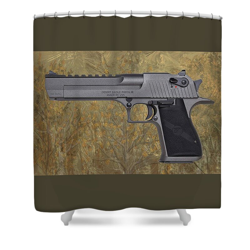 Desert Eagle Shower Curtain featuring the mixed media Desert Eagle 44 mag Pistol Trees Texture by Movie Poster Prints