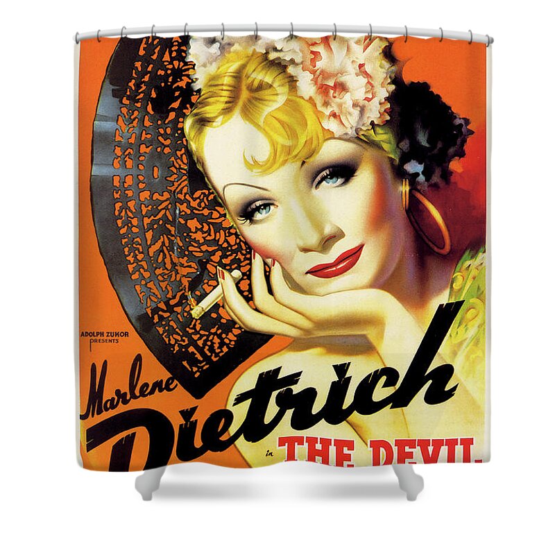 Devil Shower Curtain featuring the mixed media ''The Devil is a Woman'' movie poster 1935 by Stars on Art