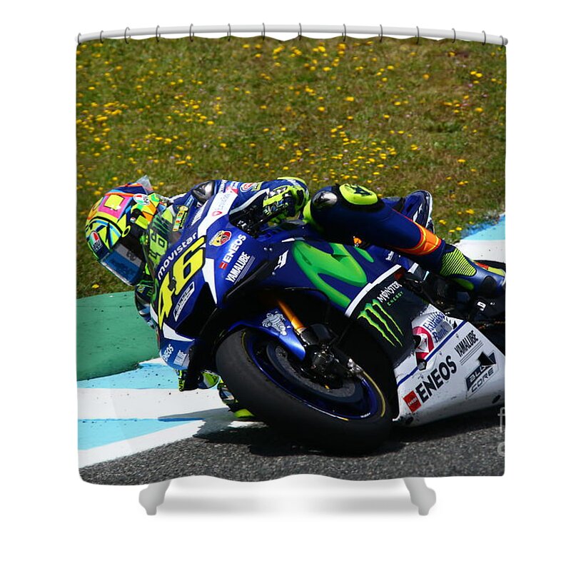 Valentino Rossi Shower Curtain featuring the photograph The Doctor is IN by Tony Lee