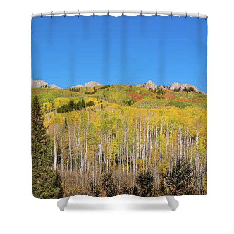 Aspens Shower Curtain featuring the photograph The Dyke and Ruby Peak Fall Spectacular Panorama by Ron Long Ltd Photography