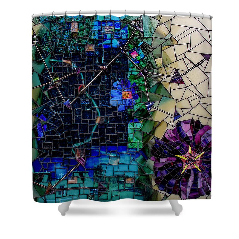 Mosaic Shower Curtain featuring the glass art The Earthships have Landed by Cherie Bosela