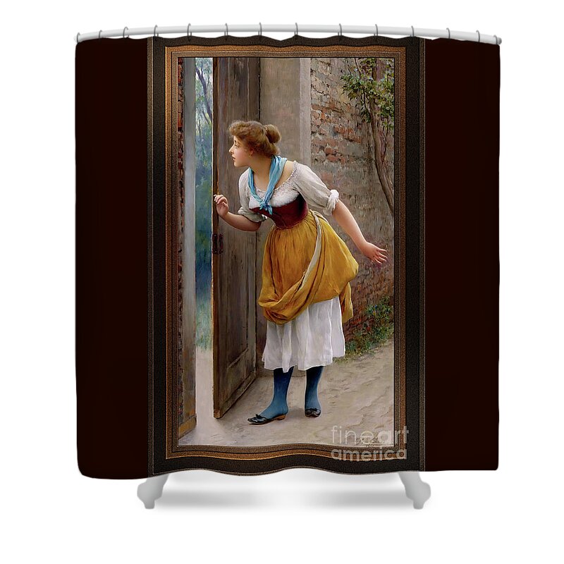 The Eavesdropper Shower Curtain featuring the painting The Eavesdropper by Eugen von Blaas Remastered Xzendor7 Classical Fine Art Reproductions by Xzendor7
