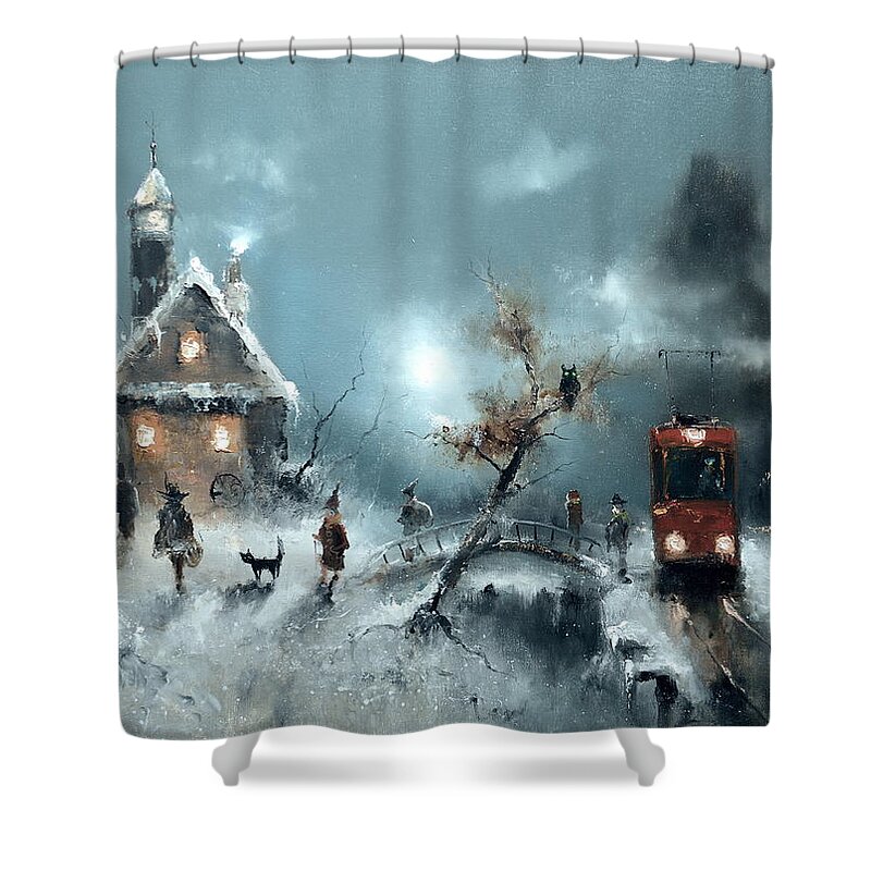 Russian Artists New Wave Shower Curtain featuring the painting The End Stop of Tram by Igor Medvedev