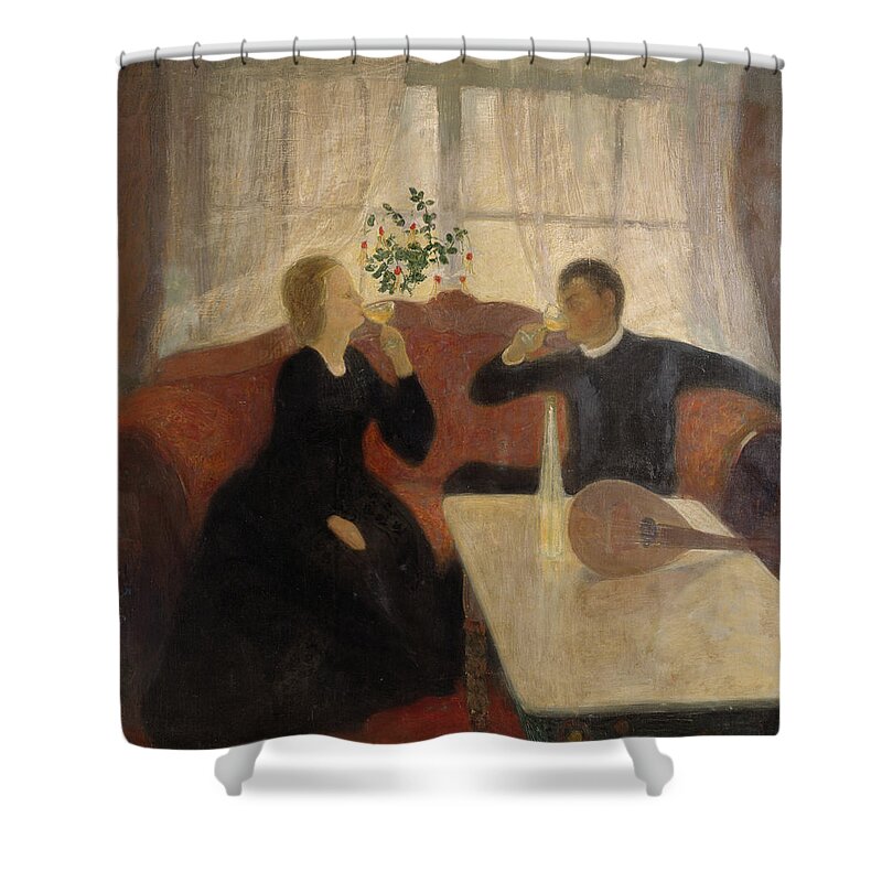 Bernhard Folkestad Shower Curtain featuring the painting The engagement by O Vaering by Bernhard Folkestad