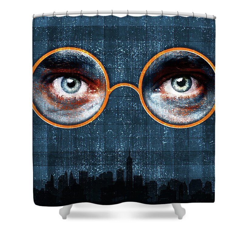 Dr Tj Eckleburg Shower Curtain featuring the mixed media The Eyes of Dr. TJ Eckleburg - The Great Gatsby - F.Scott Fitzgerald - Blue 04 by Studio Grafiikka