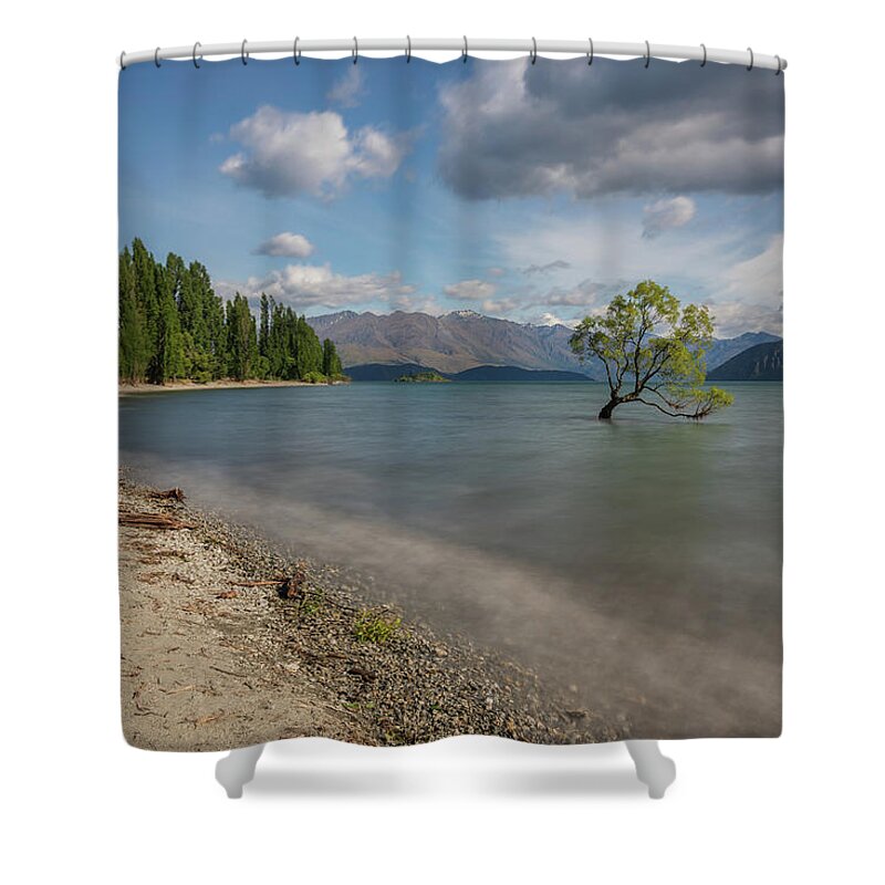 Beautiful Shower Curtain featuring the photograph The famous Wanaka tree at Lake Wanaka taken with a long exposure by Anges Van der Logt