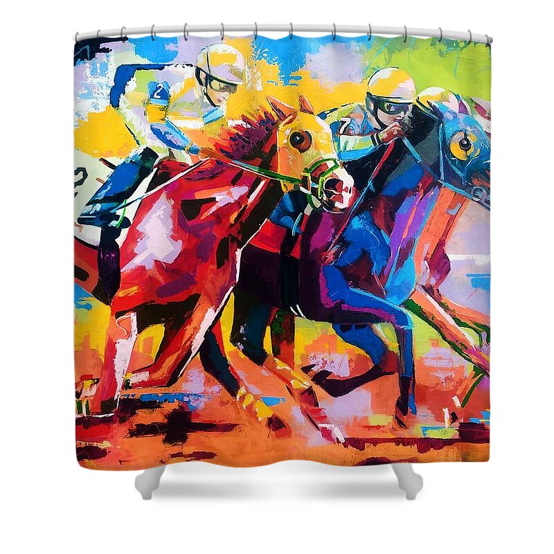 Horse Shower Curtain featuring the painting The finishing post- LARGE WORK by Angie Wright