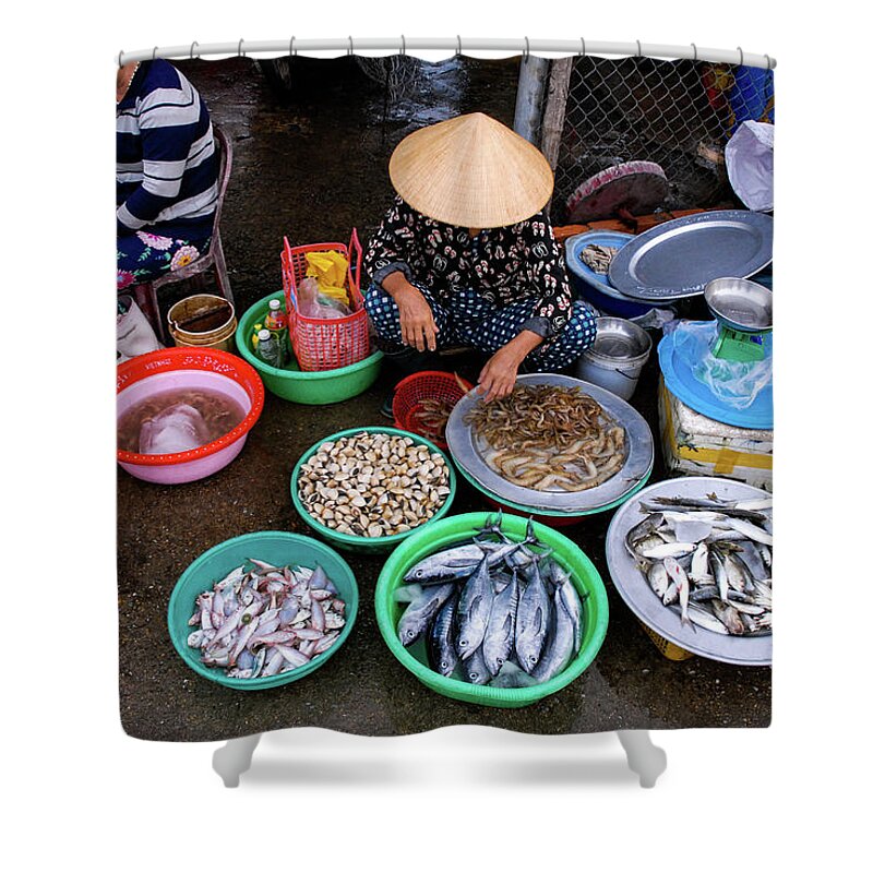 Market Shower Curtain featuring the photograph Catch Of The Day - Street Market Vendor, Vietnam by Earth And Spirit