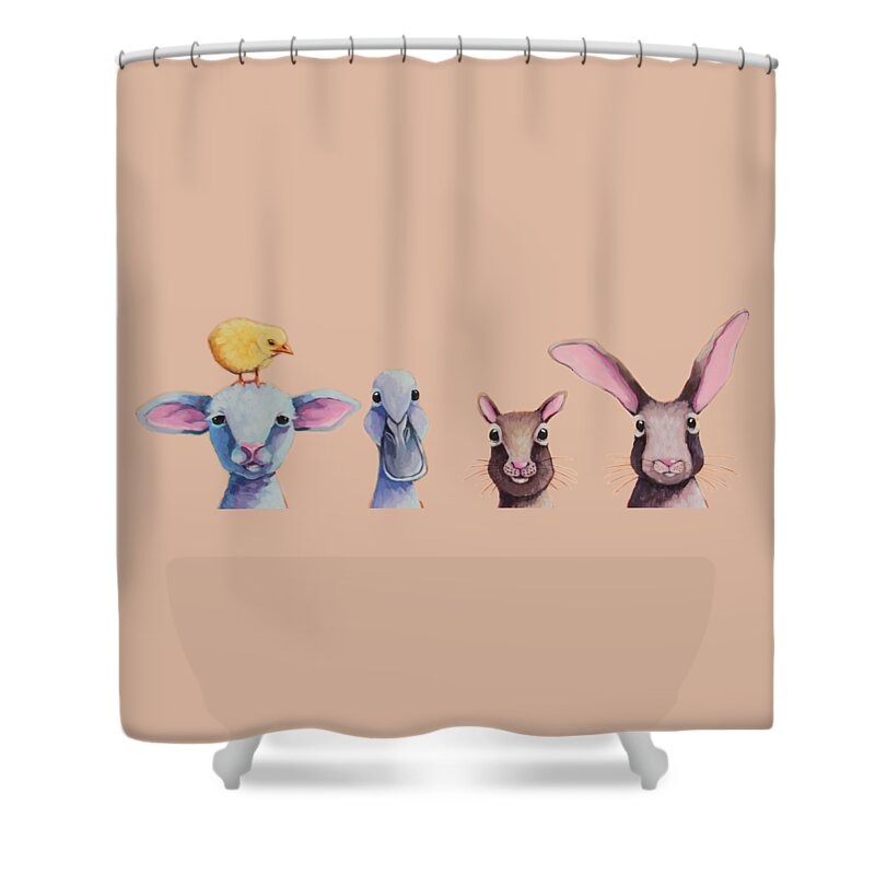 Lamb Shower Curtain featuring the painting The five of us by Lucia Stewart