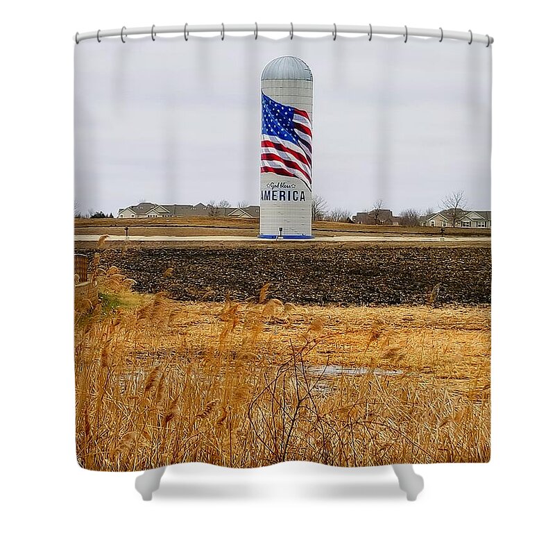 Corn Field Shower Curtain featuring the photograph The Flag Silo by Fred Larucci
