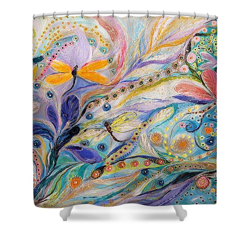 Modern Jewish Art Shower Curtain featuring the painting The flowers and dragonflies by Elena Kotliarker
