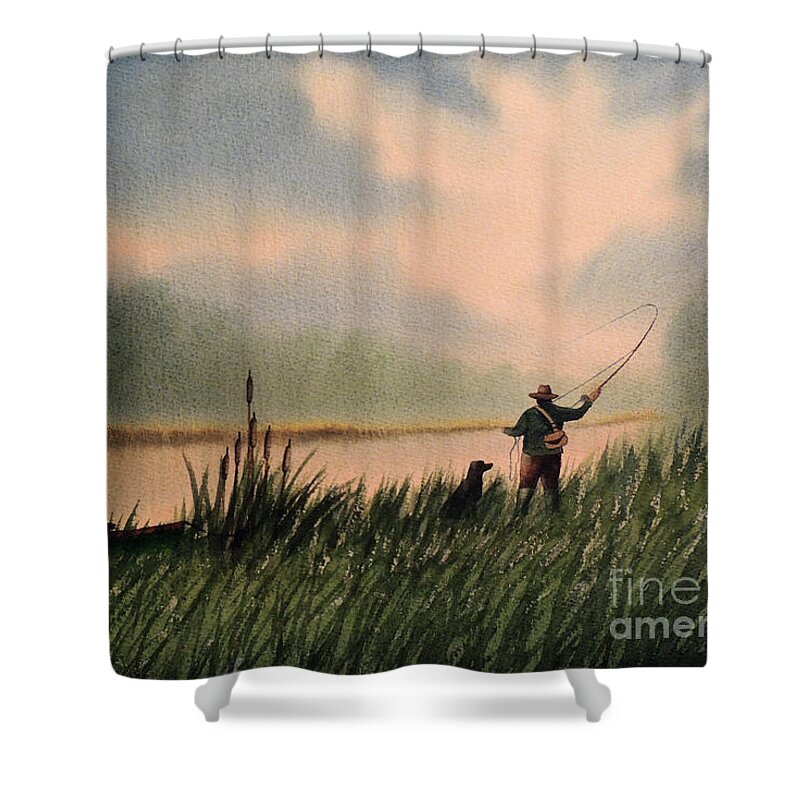 Fly Fishing Art Shower Curtain featuring the painting The Fly Fisherman With His Loyal Friend by Bill Holkham