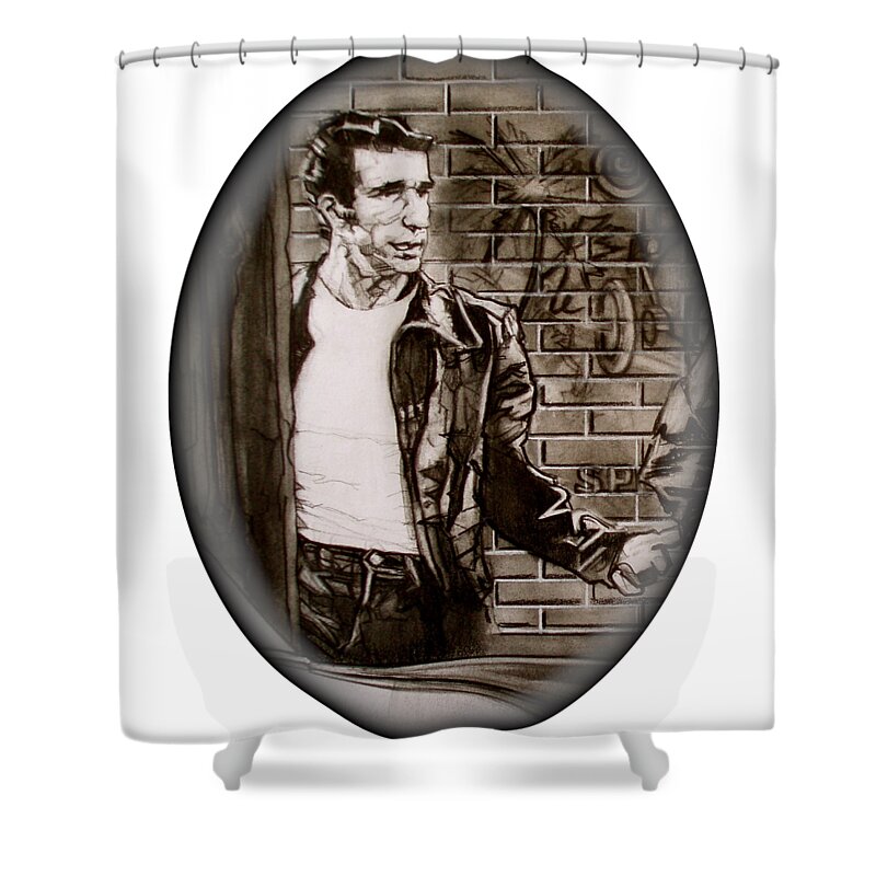 Charcoal Pencil On Paper Shower Curtain featuring the drawing The Fonz - detail by Sean Connolly