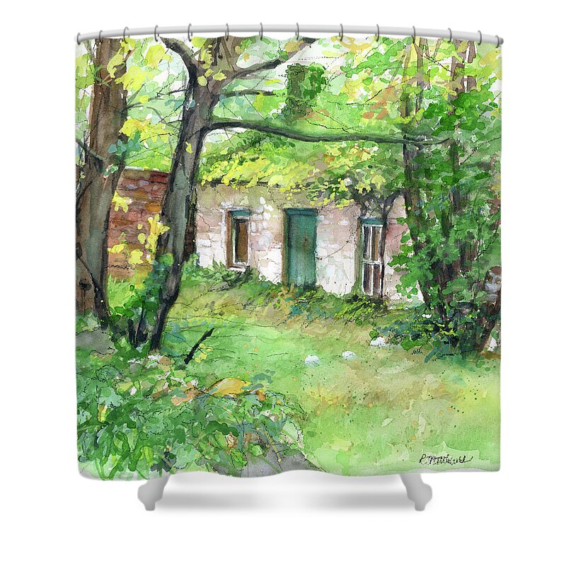 Irish Cottage Shower Curtain featuring the painting The Forge aka The Lonergan Homestead by Rebecca Matthews