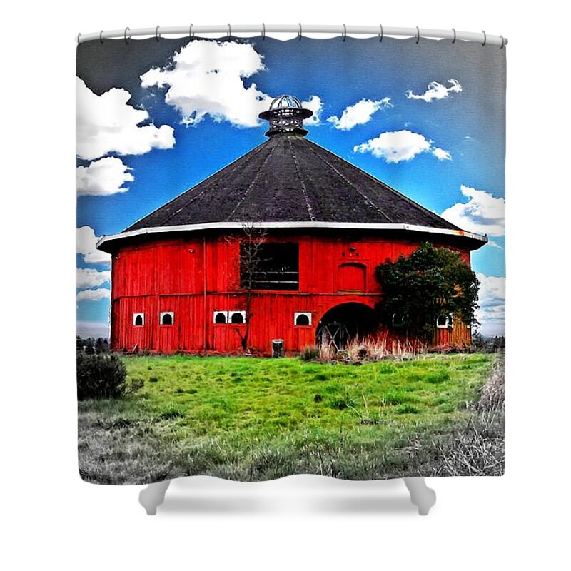 Fountaingrove Shower Curtain featuring the digital art The Fountaingrove Round Barn, near Santa Rosa, with transition from color to black and white by Nicko Prints