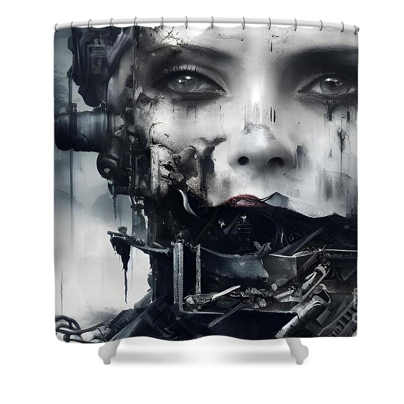 Surrealist Art Shower Curtain featuring the digital art The Fusion of Woman and Machine - Surrealist Dark Cyborg Portrait Art by Artvizual