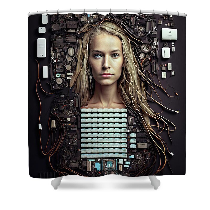 Cyborg Shower Curtain featuring the digital art The Future of AI 03 All the Parts by Matthias Hauser