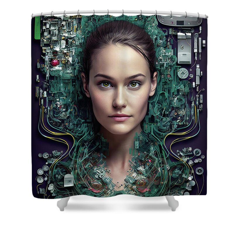 Cyborg Shower Curtain featuring the digital art The Future of AI 04 Android Woman by Matthias Hauser