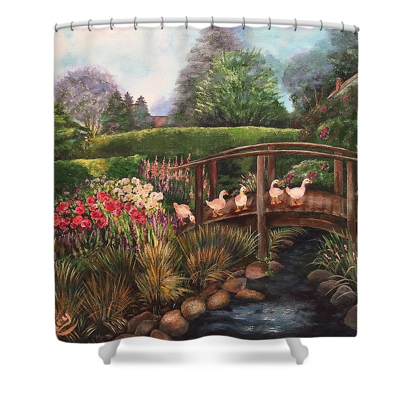 Garden Shower Curtain featuring the painting The Garden Bridge by Barbara Landry