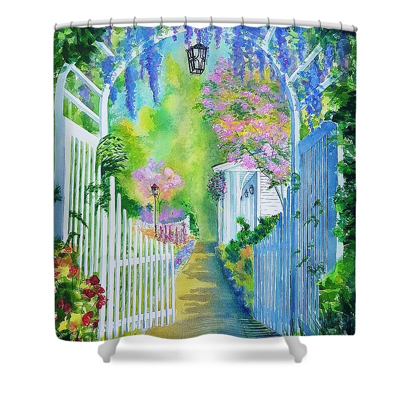 Landscape Shower Curtain featuring the painting The Garden Gate by Petra Burgmann