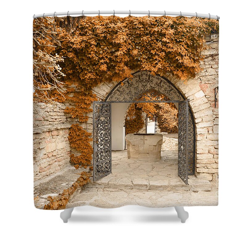 Palace Shower Curtain featuring the photograph The gate to the palace gardens - infrared by Yavor Mihaylov