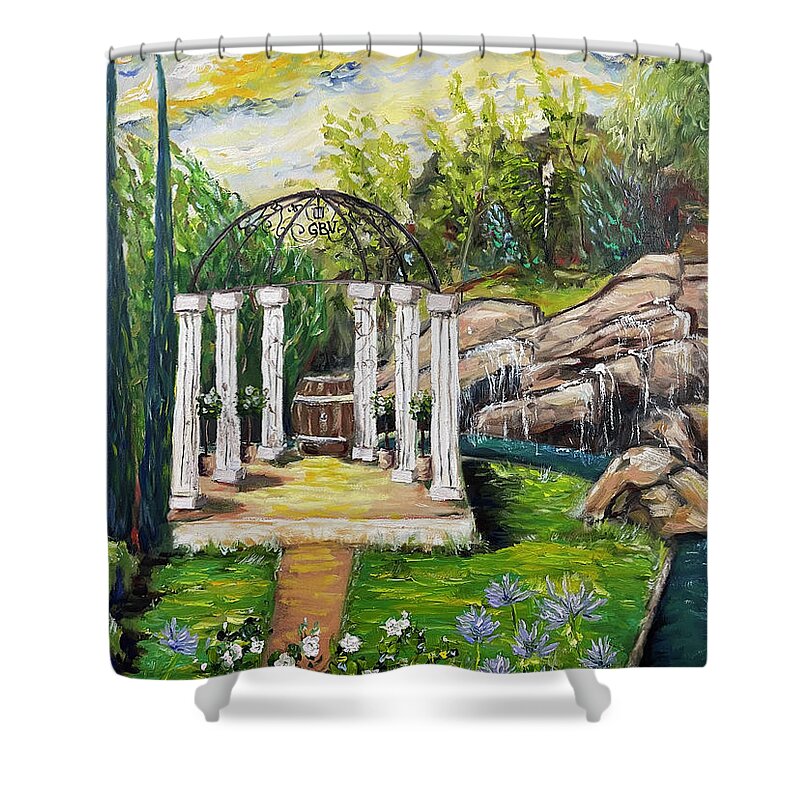 Gbv Shower Curtain featuring the painting The Pergola at Gershon Bachus Vintners by Roxy Rich